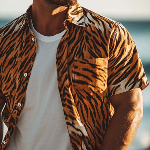 Camisa informal de verano con estampado de tigre para hombre