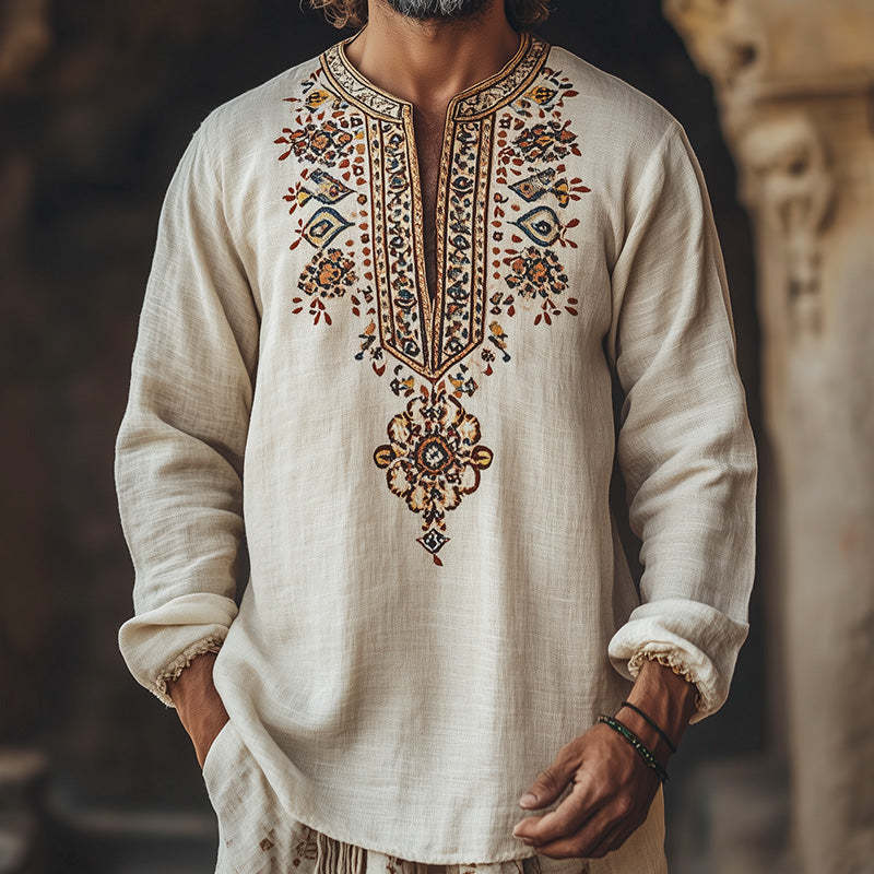 Men's Ethnic Print Open Collar T-Shirt