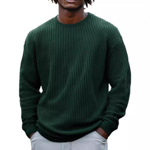 Men's Solid Color Waffle Round Neck Long Sleeve Sweatshirt