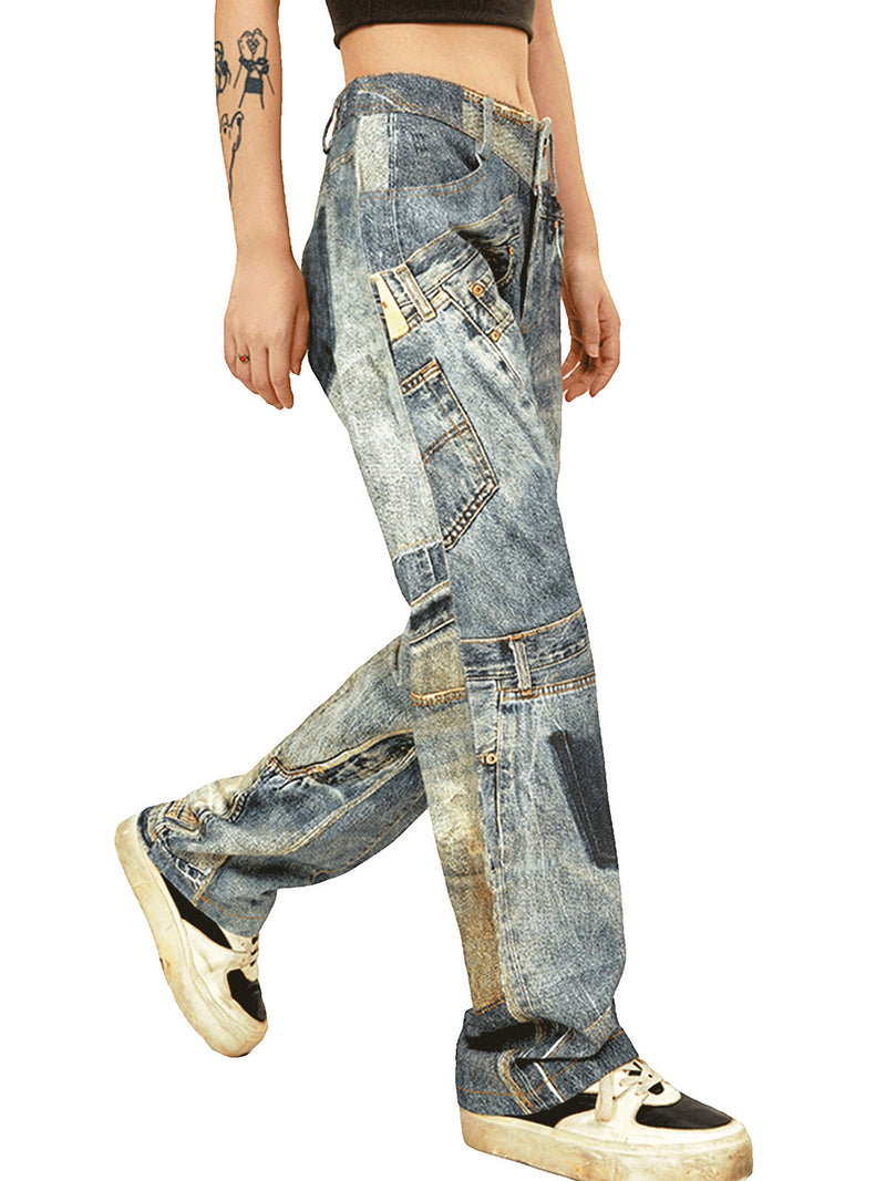 Street Hip-Hop Deconstructed Print Jeans