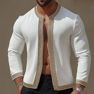 Men's Retro Casual Striped Collarless Long Sleeve Shirt