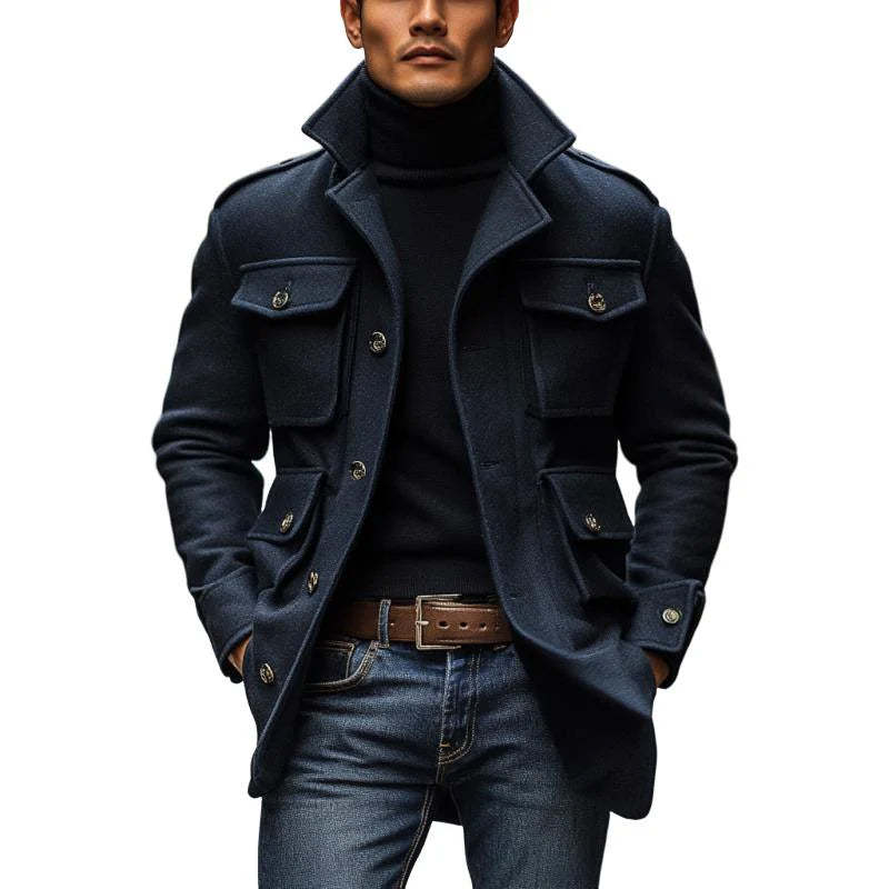 Men's Vintage Wool Blended Lapel 3D Pocket Single Breasted Slim Fit Coat