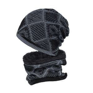 Men's Outdoor Plus Velvet Warm Knitted Hat And Scarf Two-piece Set