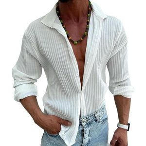 Men's Solid Striped Lapel Long Sleeve Casual Shirt