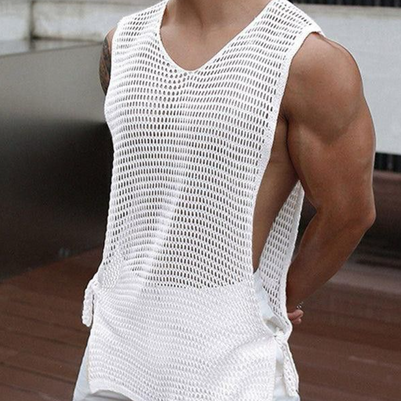 Camiseta sin mangas de punto transpirable, hueca, con cuello redondo, informal, para hombre