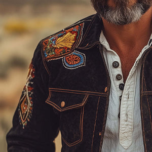 Herrenjacke aus Vintage-Wildleder mit besticktem Revers 