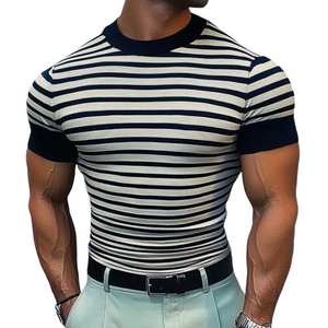Camiseta informal de punto a rayas con cuello redondo y manga corta para hombre