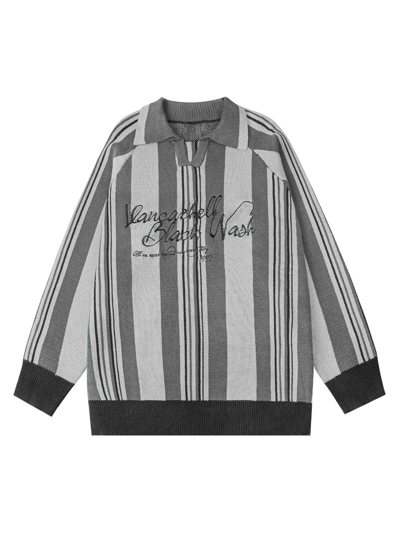 Striped Embroidered Knit Polo Sweater