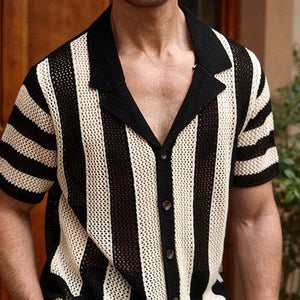 Men's Striped Knit Lapel Short Sleeve Shirt