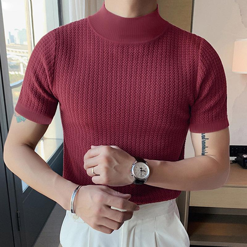 Herren-T-Shirt mit halbem Rollkragen, einfarbig, eng gestrickt, kurzärmelig