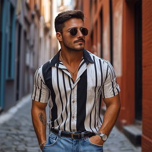 Men's Retro Casual Vertical Stripe Printed Chiffon Short Sleeve Shirt