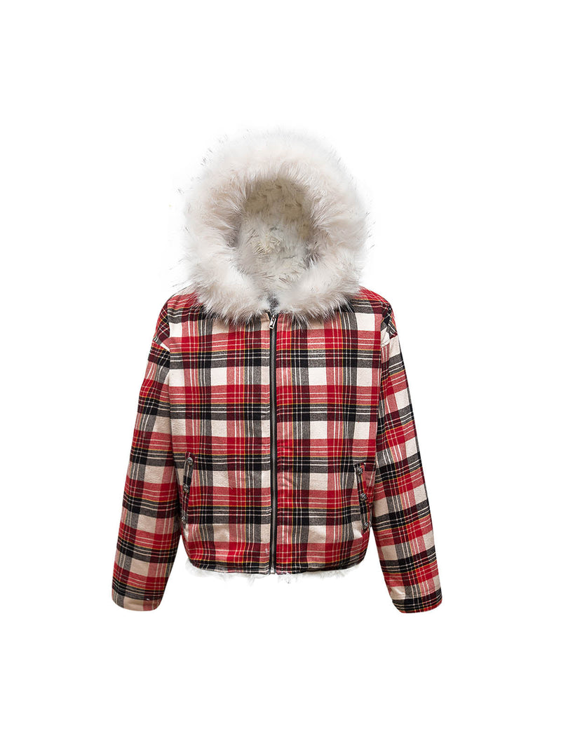 Plaid Sherpa Lined  Fur Hooded Jacket