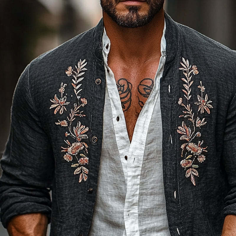 Men's Cotton And Linen Vintage Embroidered Cardigan Jacket 24065076X