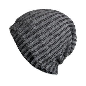 Men's Retro Two-tone Vertical Stripes Cable Flannel Lining Warm Knitted Hat