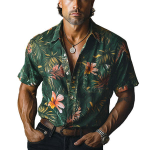 Men's Spring Retro Printed Cotton And Linen Short Sleeve Casual Sports Shirt