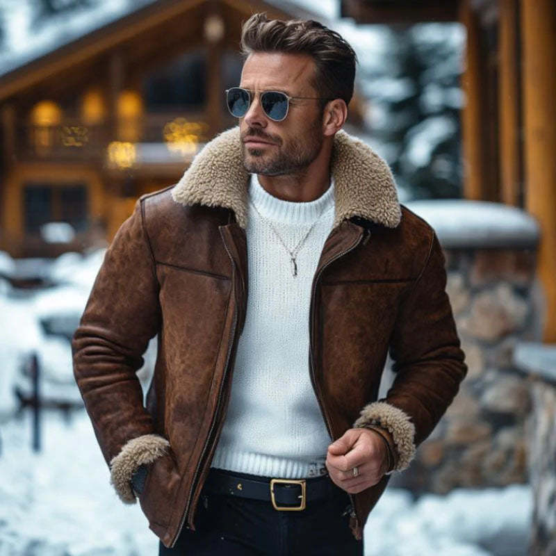 Herren Vintage Leder Lammwolle Patchwork Warm Revers Reißverschluss Mantel