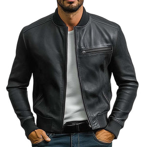 Men's Spring And Autumn Pure Black PU Leather Jacket