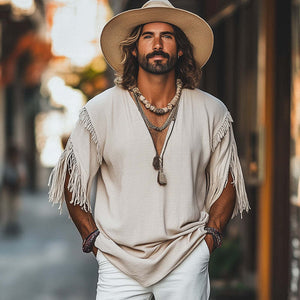 Lässiges, lockeres Herren-T-Shirt mit tiefem V-Ausschnitt und Quaste in Khaki