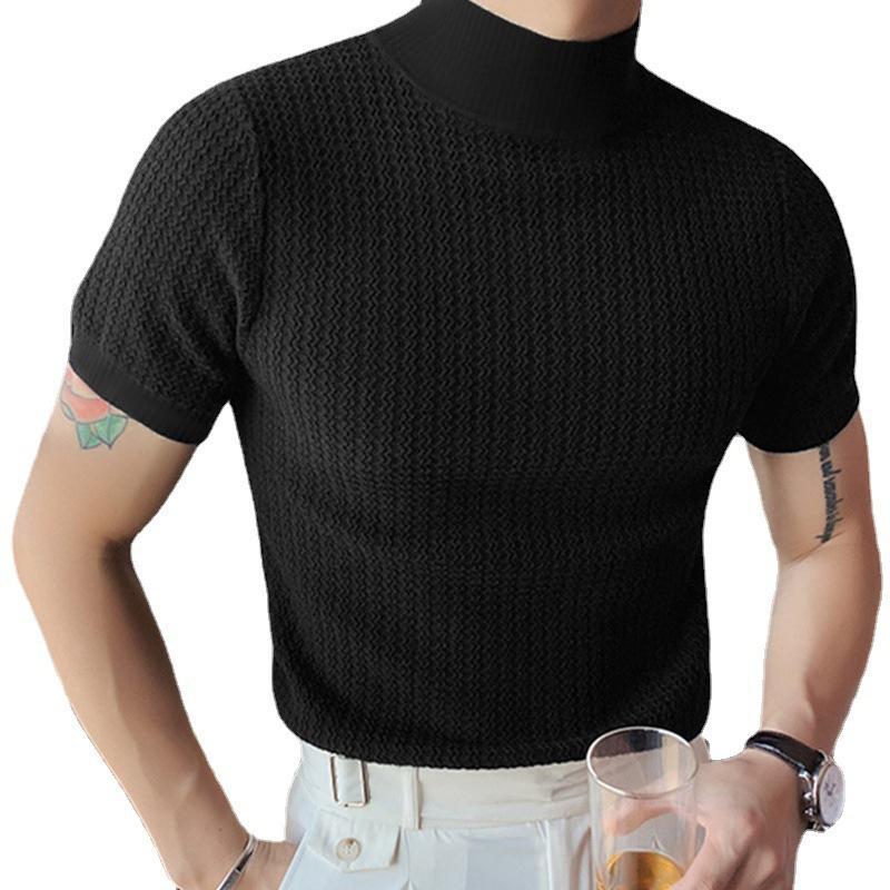 Herren-T-Shirt mit halbem Rollkragen, einfarbig, eng gestrickt, kurzärmelig