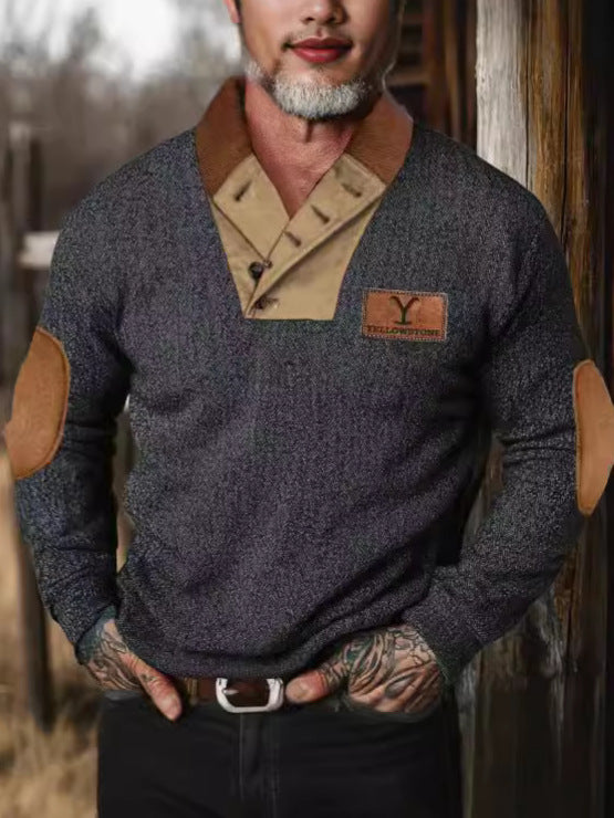 MEN'S RETRO HERRINGBONE FABRIC HENRY ELBOW PATCH COLOR BLOCKED WESTERN SWEATSHIRT