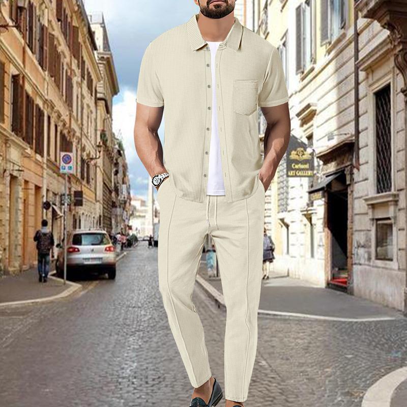 Men's Waffle Solid Color Short Sleeve Shirt And Pants Set