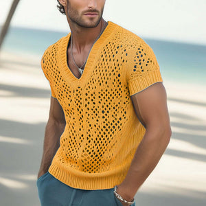 Camiseta de punto de malla transpirable con cuello en V de moda de verano para hombre