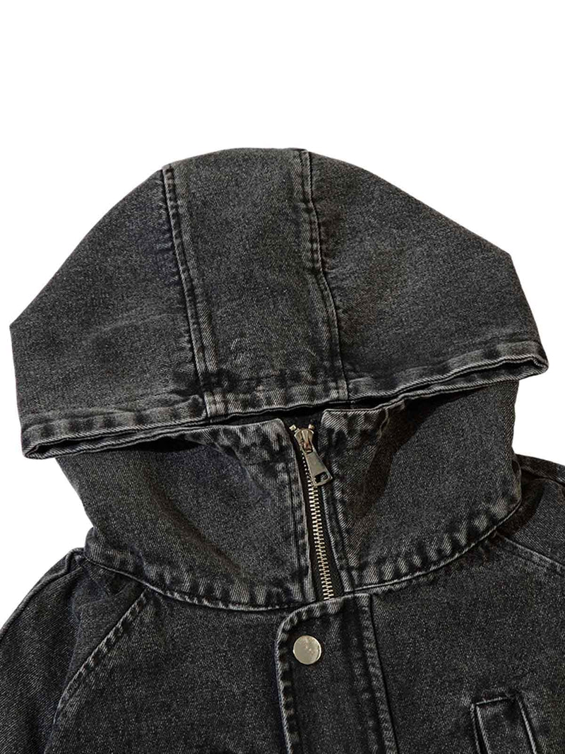 Washed Distressed Metal Zipper Hooded Denim Sweatshirt