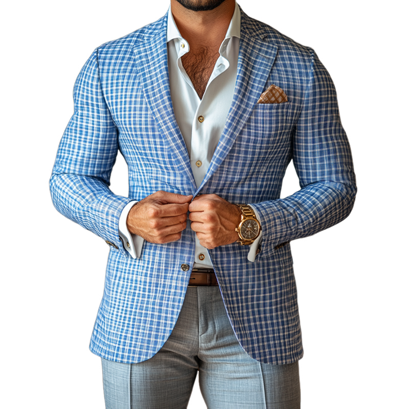 Men's Fashion Spring Summer Checked Notch Lapel Two Buttons Blazer