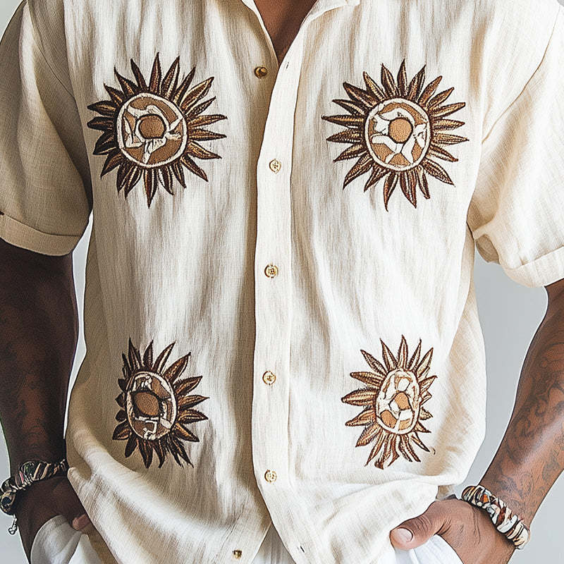 Camisa de manga corta con bordado de sol de moda de primavera para hombre