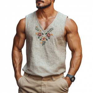 Lässiges Herren-Tanktop mit V-Ausschnitt, Leinen und Blumenstickerei, schmale Passform