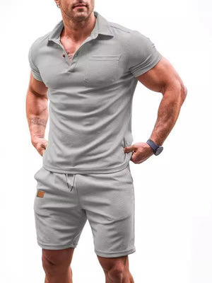 WAFFELANZUGHEMD MIT REVERS, LÄSSIGE EINFARBIGE KURZARMSHORTS