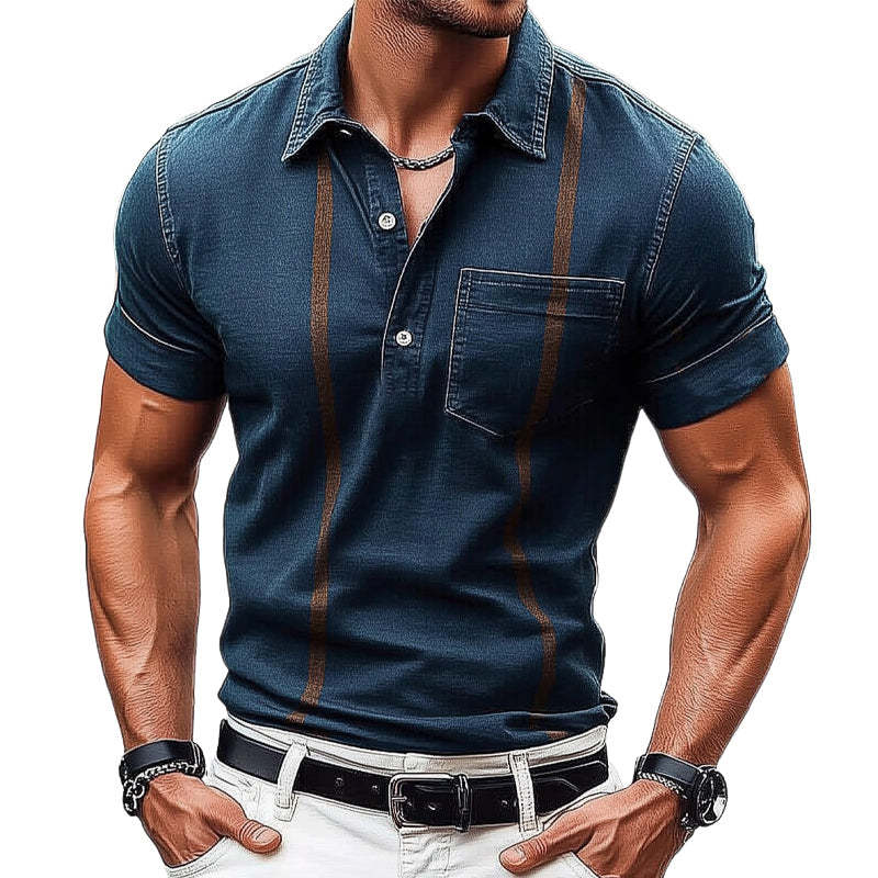 Men's Summer Retro Dark Blue Polo Collar Denim T-Shirt