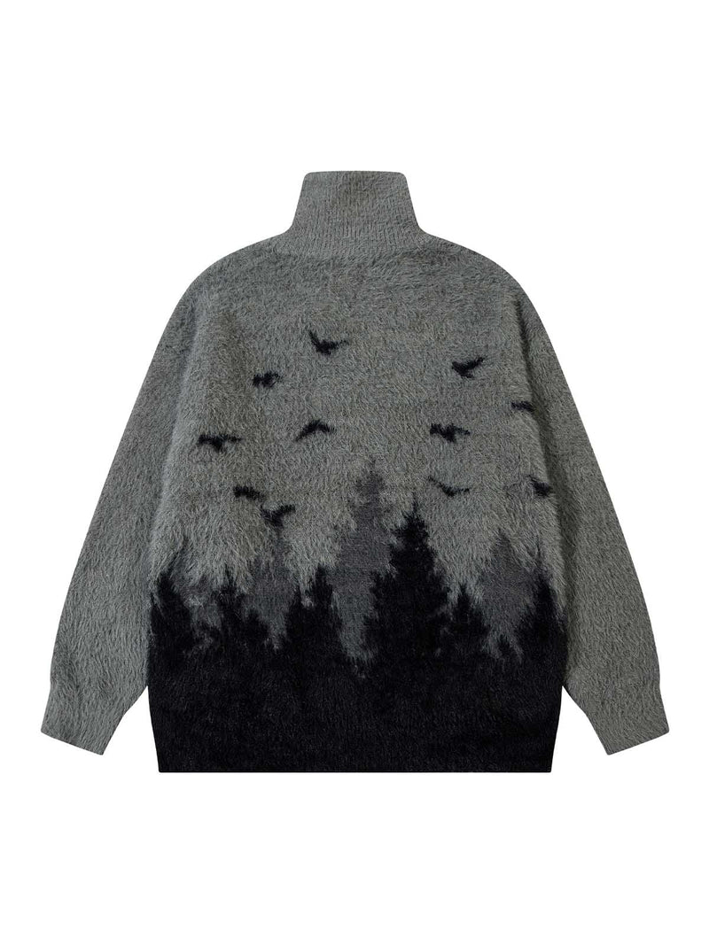 Faux Mink Fur Forest Bird High Collar Zipper Sweater