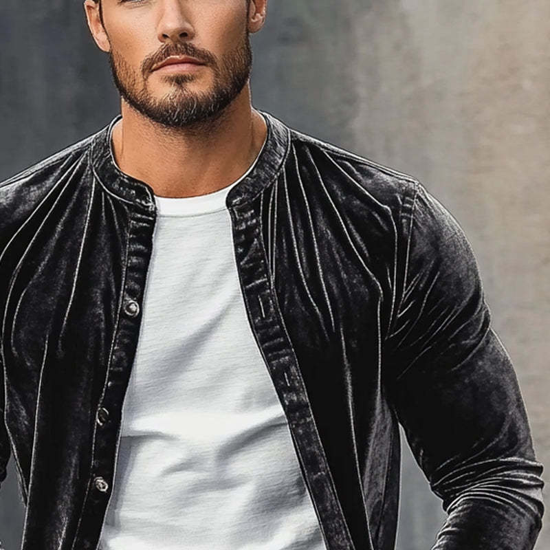 Herrenhemd aus Samt im Vintage-Stil mit Rundhalsausschnitt
