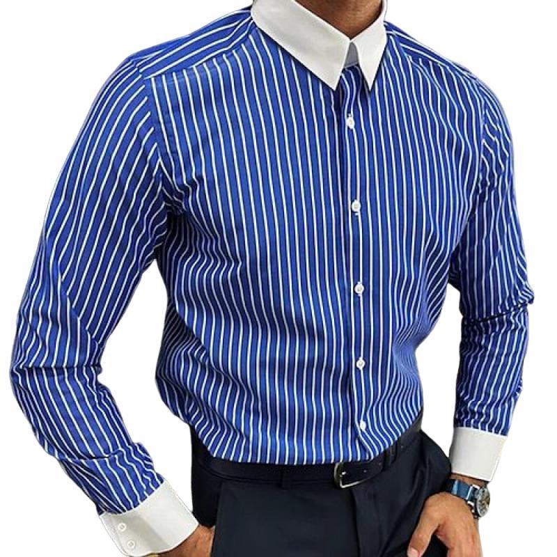 Camisa informal de manga larga con solapa y bloques de color a rayas para hombre