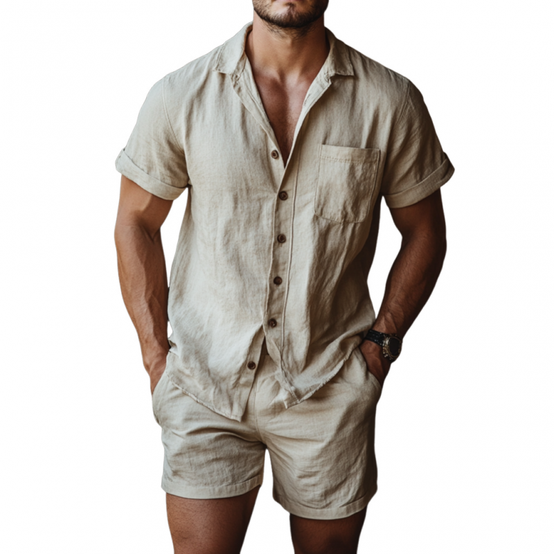 Men's Casual Linen Lapel Short Sleeve Shirt Elastic Waist Shorts Set