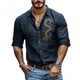 Camisa informal de lino con bordado de serpiente y solapa ajustada de manga larga para hombre