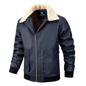 Chaqueta informal de cuero con solapa de felpa para hombre