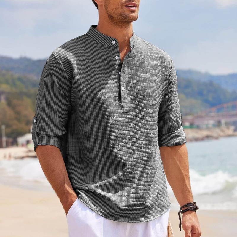 Men's Waffle Stand Collar Rolled Sleeve Long Sleeve Shirt