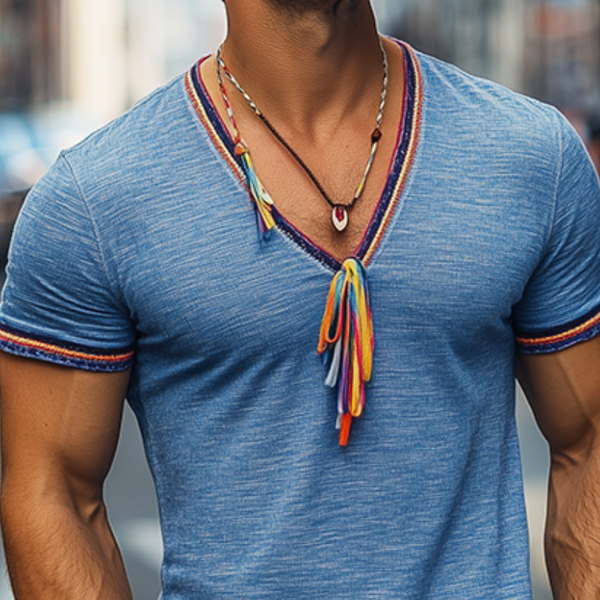 Camiseta informal de verano para hombre, de manga corta, con cuello en V y cinta de colores, de mezcla de algodón y bambú (borlas extraíbles)