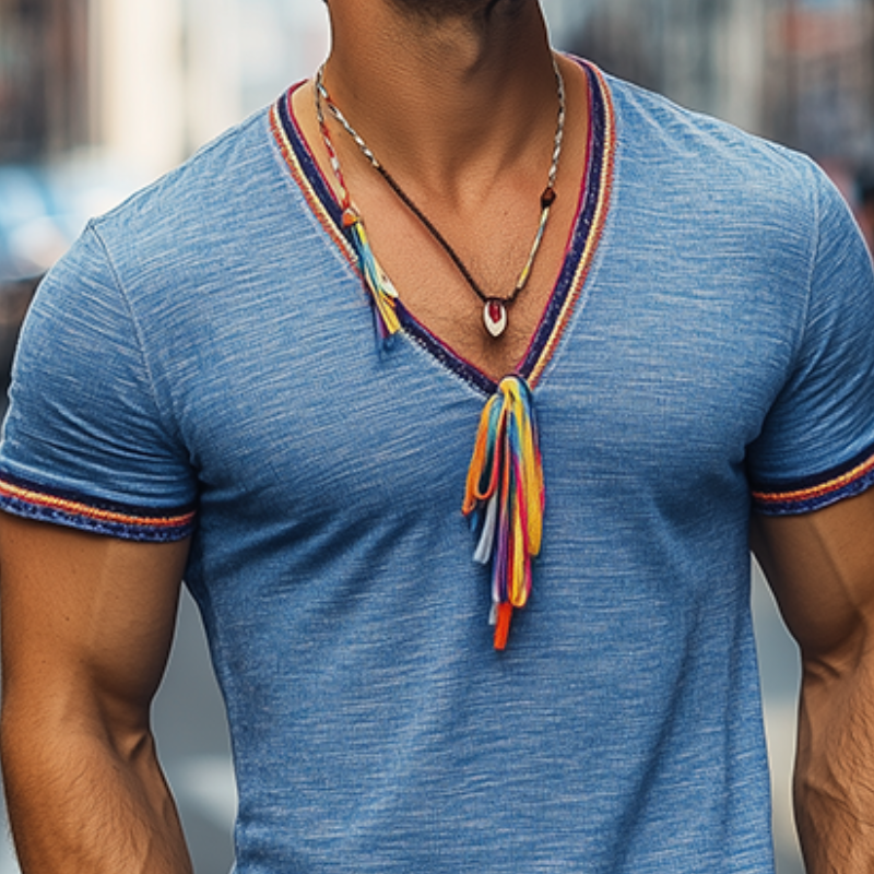 Men's Summer Fashion Casual V-neck Colored Ribbon Bamboo Cotton Blended Short Sleeve T-shirt (Tassel Removable)