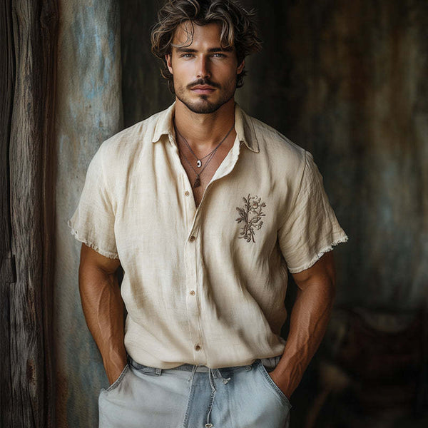 Camisa informal de manga corta con bordado de tencel color caqui, agradable para la piel, para hombre