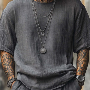 Camiseta de manga corta transpirable de lino de color liso para hombre