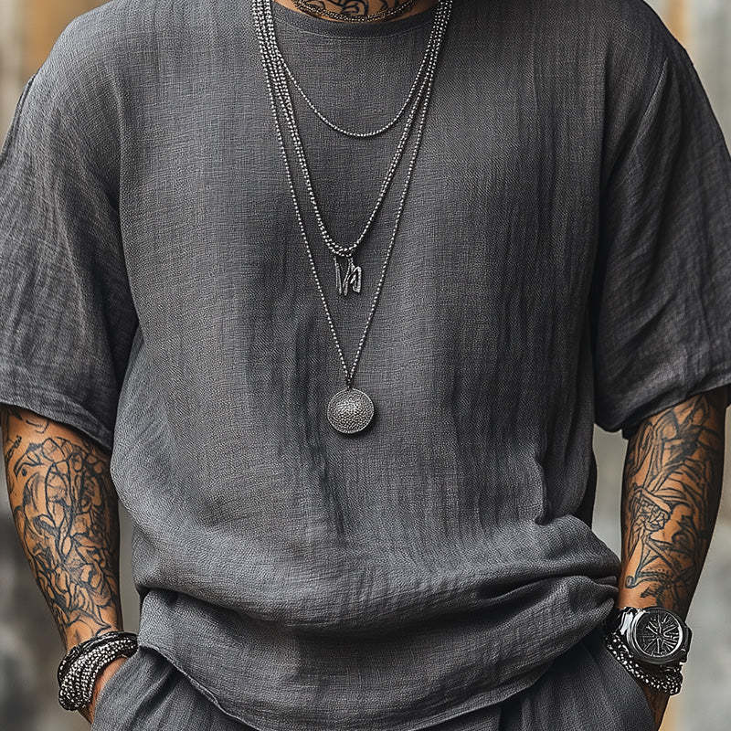 Men's Solid Color Linen Breathable Short-Sleeved T-Shirt