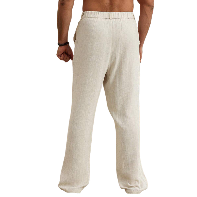 Pantalones de playa elásticos casuales de algodón y lino de color sólido para hombre 