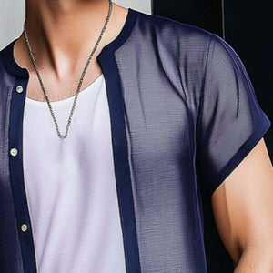 Men's Retro Casual Mesh Cropped Button Short Sleeve Shirt