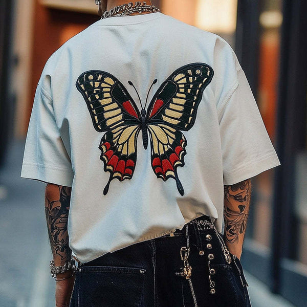 Men's Butterfly Embroidered Round Neck Short Sleeve T-Shirt MTA2553C1X