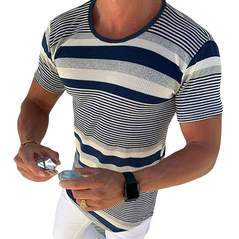 Camiseta informal de manga corta de punto con rayas horizontales para hombre, primavera y verano