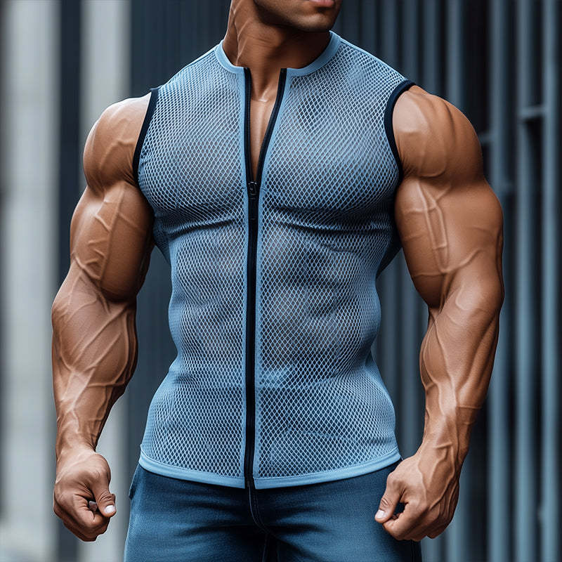 Camiseta deportiva sin mangas con cremallera, estilo retro informal, de malla elástica, sin cuello, para hombre