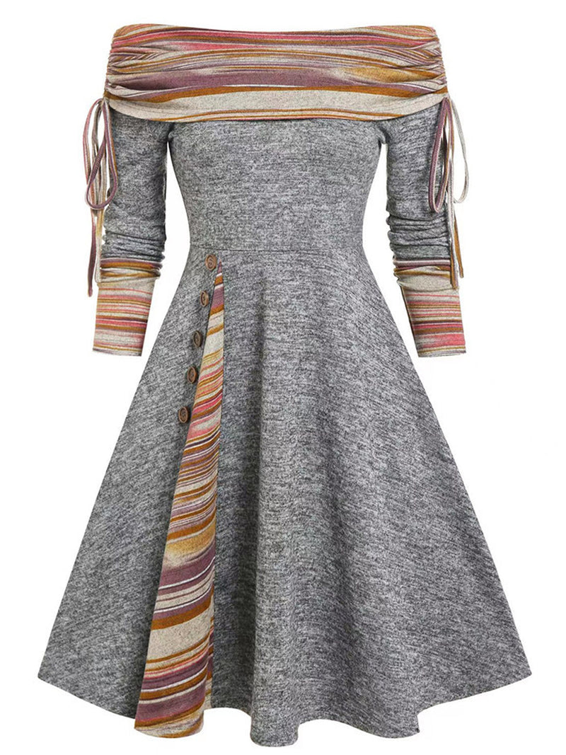 Casual Vintage Print Panel Long Sleeve Midi Dress